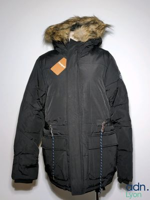 an image of a black jacket with a hood and fur on it