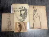 quatre dessins représentant un homme barbu et une femme coiffée d'un chapeau