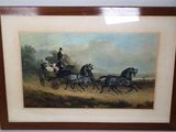 framed painting of a horse drawn carriage with two men on it