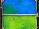 an image of a painting of a green, blue and yellow background