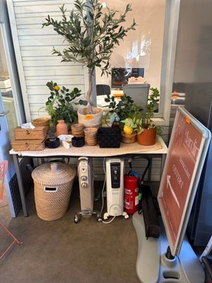 a table with plants on it in the corner of a room