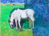 painting of a white horse eating grass in a green field