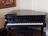 a piano in the middle of a living room with a rug on the floor