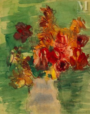 a painting of flowers in a vase on a table