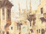 an image of a painting of a street scene with people walking down it