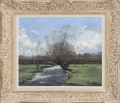 a painting of a stream running through a green field