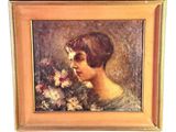 une image d'une peinture représentant une femme avec des fleurs dans les cheveux