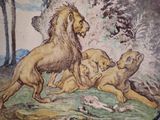 a picture of a painting of a lion and a group of lions