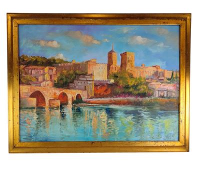 an oil painting of a bridge over a river with a castle in the background