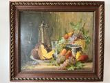 une peinture représentant une nature morte avec des fruits sur une table