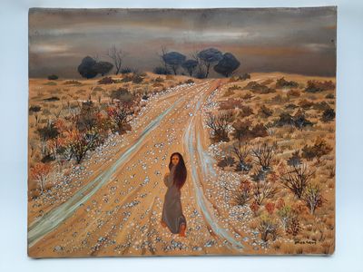 tableau représentant une femme marchant sur un chemin de terre dans le désert