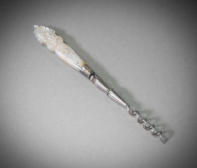 a silver spoon with a white flower on it