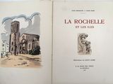 an open book with a drawing of a church in the background