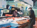 un tableau représentant un homme debout dans un marché aux poissons