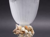 a glass vase with shells on it on a table