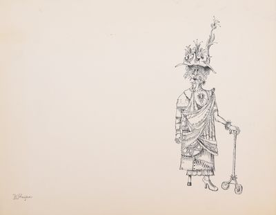 le dessin d'une femme en robe et chapeau, avec une canne