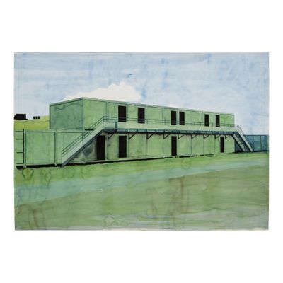 tableau représentant un bâtiment vert avec un escalier qui y mène