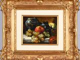painting of a still life of fruit and a vase on a table