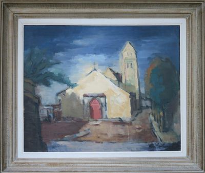 une peinture à l'huile représentant une église avec une porte rouge dans un cadre blanc