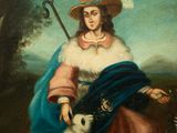 painting of a woman with a dog and a sheep in a landscape