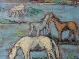 a painting of horses in a field with a windmill in the background