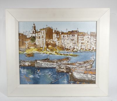 a picture of a painting of boats in the water