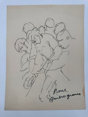 dessin représentant un groupe de personnes alignées, parmi lesquelles un homme tenant un enfant dans ses bras
