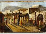 an oil painting of a street scene with people walking down the street