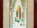 an image of a painting of a courtyard with potted plants