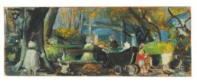 a painting of people and animals in a park