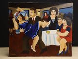 une peinture représentant un groupe de personnes assises à une table