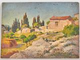 an oil painting of a house on a hill with trees in the background