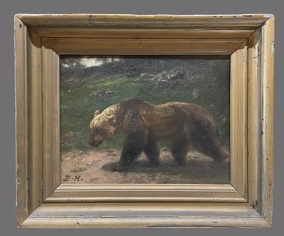 a painting of a bear in a frame on the wall