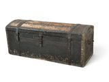 an old trunk that is sitting on a white surface