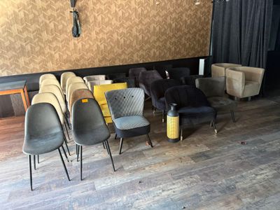 many chairs in a room with a clock on the wall