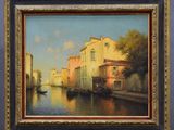 an oil painting of a canal scene with a gondola in the foreground