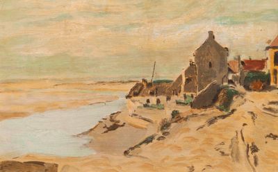 an image of a painting of a beach with a house on the shore