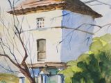 a watercolor painting of a house in the country