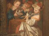 une image représentant un tableau où l'on voit un groupe de personnes jouant avec un chat