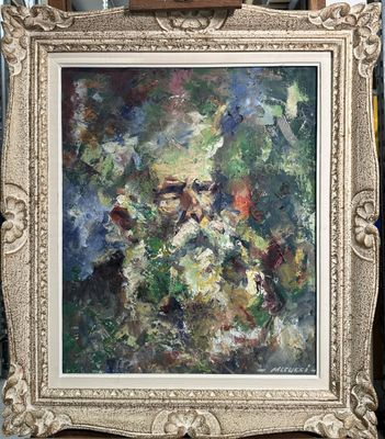 une peinture à l'huile représentant un vase de fleurs sur une table