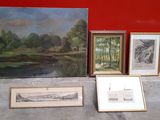three framed pictures of trees and a river in front of a red wall