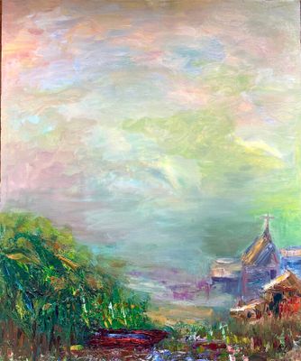 une peinture à l'huile représentant une scène de ferme avec une grange en arrière-plan