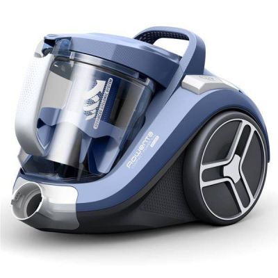 a blue and silver vacuum that is on a white surface