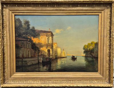 an oil painting of a canal scene with a gondola in the foreground