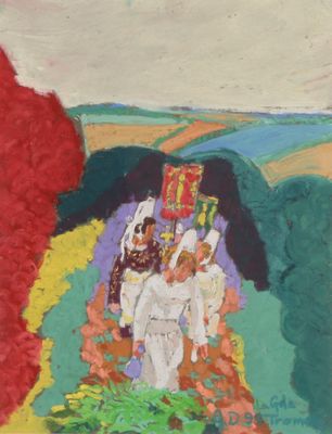 une image représentant un tableau où l'on voit un groupe de personnes marchant sur un sentier