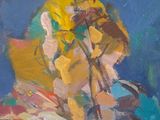 an oil painting of a woman in a colorful dress holding a bouquet of flowers