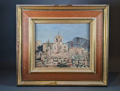une peinture représentant un vieux bâtiment, dans un cadre en bois