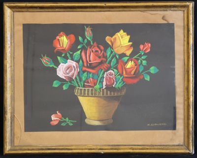 une peinture représentant des roses dans un vase jaune sur fond noir
