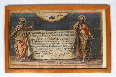 an old painting of two men holding a banner in front of a white wall