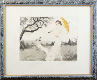 tableau représentant une femme en robe blanche tenant un parapluie jaune